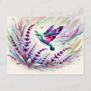 Cartão Postal Hummingbird Hawk-Moth com Sage em Pintura a Óleo