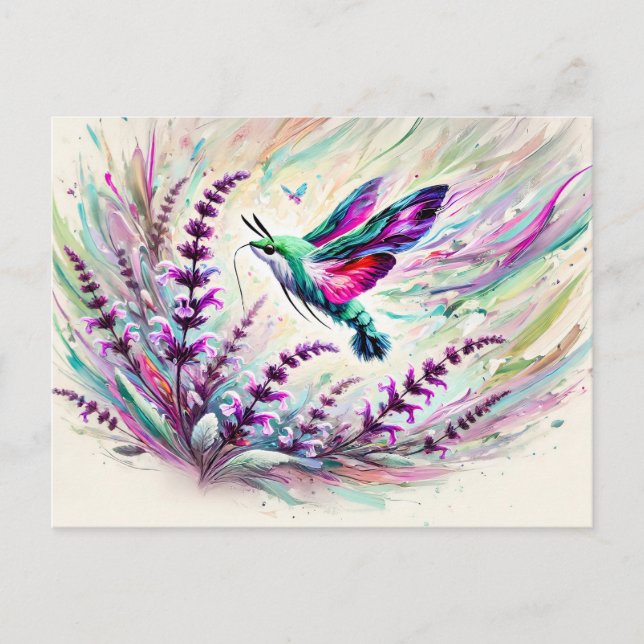 Cartão Postal Hummingbird Hawk-Moth com Sage em Pintura a Óleo (Frente)