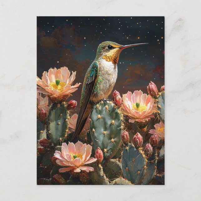 Cartão Postal Hummingbird on a Blooming Cactus (Frente)