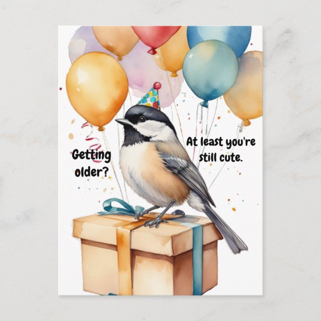 Cartão Postal Humor de aniversário de Chickadee engraçado com ba (Frente)