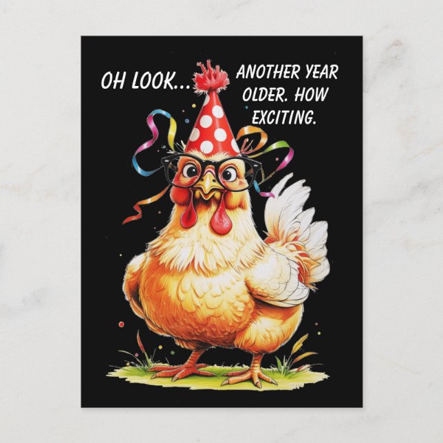 Cartão Postal Humor de Aniversário Sarcástico com Frango Crítico (Frente)