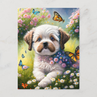 Cartão Postal Hund in Blumenwiese mit Schmetterlingen