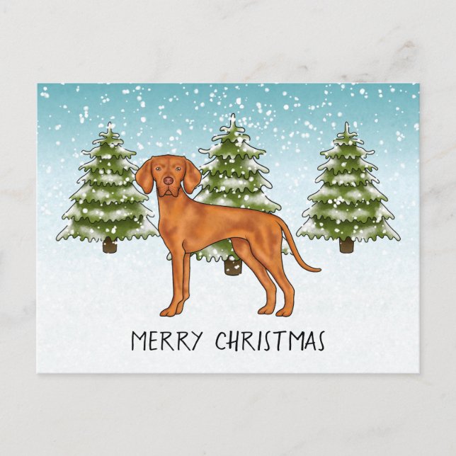 Cartão Postal Húngaro Vizsla Dog Snowy Winter Forest Festivo (Frente)