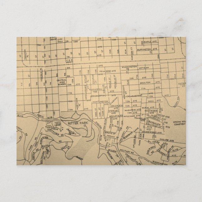 Cartão Postal Huntington, WV Vintage Map (Frente)