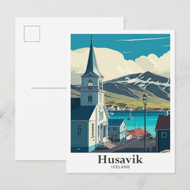 Cartão Postal Husavik Islândia Art Viagens vintage Retrato (Frente/Verso)