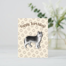 Cartão Postal Husky Feliz Aniversário pegada de cachorro Editáve