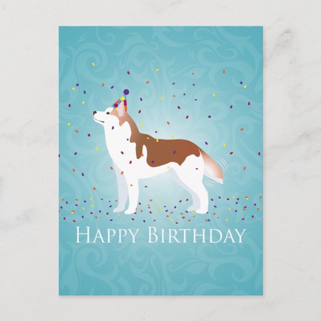 Cartão Postal Husky Siberiano - Vermelho - Desenho Feliz Anivers (Frente)