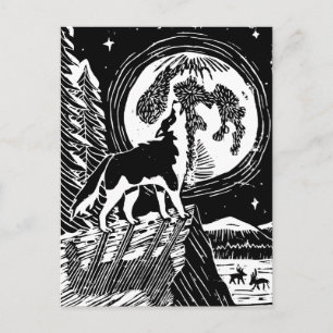 Cartão Postal Husky Uivando Preto e Branco à Noite Linoleogravur
