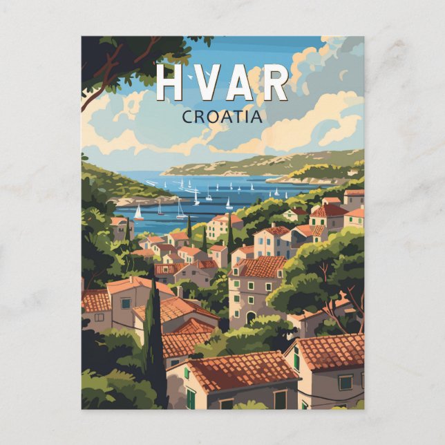 Cartão Postal Hvar Croácia Viagem Art Vintage (Frente)