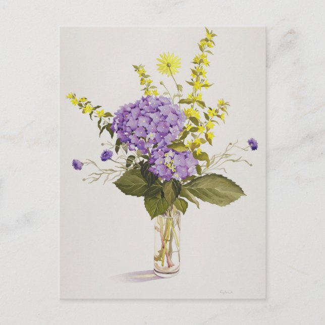 Cartão Postal Hydrangea azul com Loosestrife Amarelo (Frente)