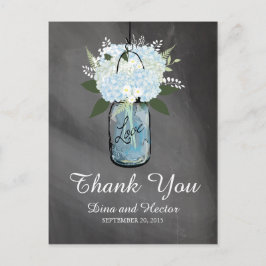 Cartão Postal Hydrangea Blue Mason Jar Chalkboard | Obrigado