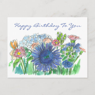 Cartão Postal Hydrangea Daisy Watercolor Flowers Feliz Aniversá