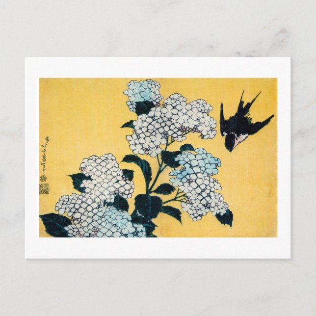 Cartão Postal Hydrangea e Swallow, Hokusai, Ukiyo-e (Frente)