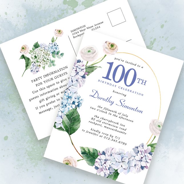 Cartão Postal Hydrangea Rosa 100th Birthday Summer Invitation (Criador carregado)