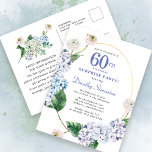 Cartão Postal Hydrangea Rosa 60º Aniversário do Partido Surpresa<br><div class="desc">Flores de hydrangea azuis e flores de rosa escamas decoram uma estrutura oval dourada. Uma botânica moderna,  aberta e arejada.</div>