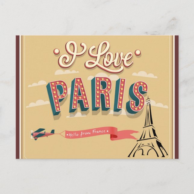 Cartão Postal I Love Paris France Eiffel Tower Viagem (Frente)