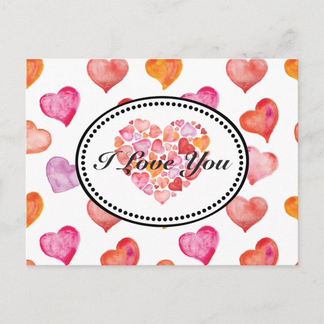 Cartão Postal I Love You Watercolor Hearts (Frente)