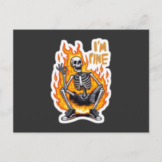 Cartão Postal I’m Fine Skeleton on Fire Funny Sticker Illustrati