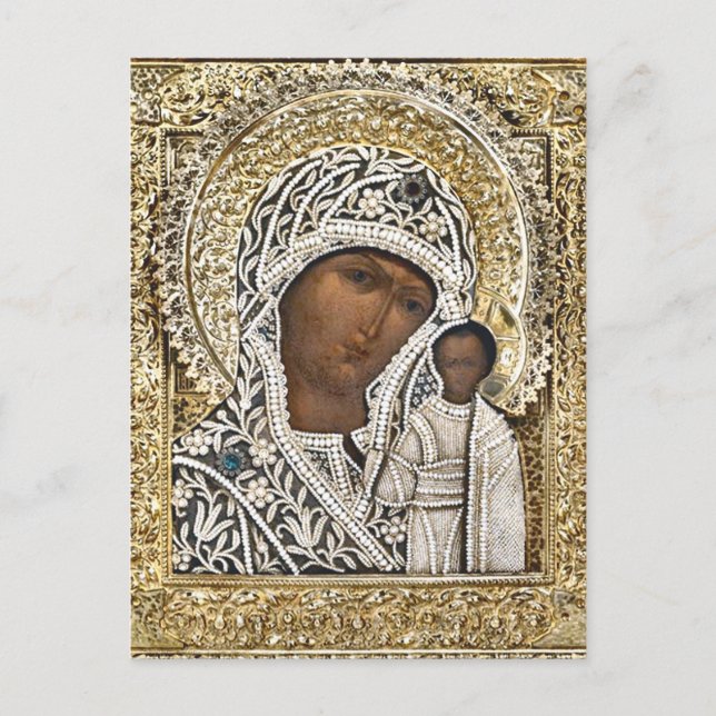 Cartão Postal Ícone de Quadro Dourado da Nossa Senhora de Kazan (Frente)