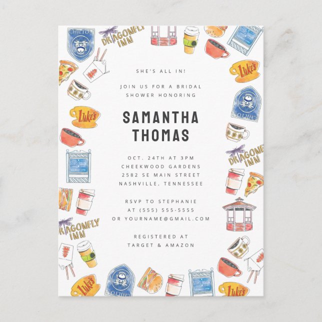 Cartão Postal Ícones de Aguarela para Chá de Noiva de Gilmore Gi (Frente)