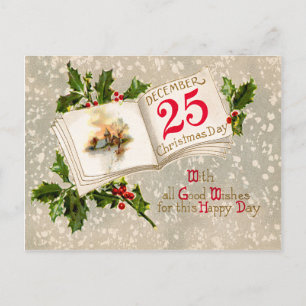 Cartão Postal Igreja de Natal com Neve de Azevinho em 25 de Deze
