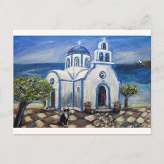 Cartão Postal Igreja do Gato Tuxedo na pintura da ilha grega