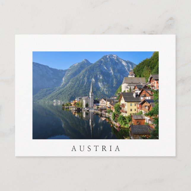 Cartão Postal Igreja e vila de Hallstatt, Áustria com Alpes (Frente)