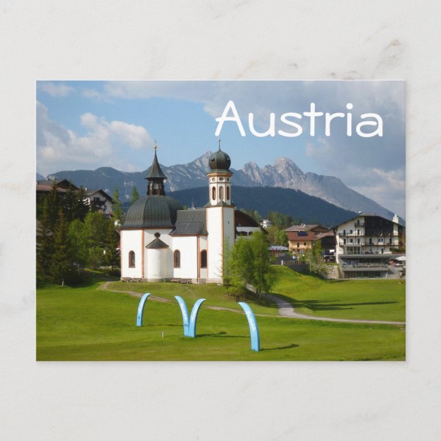 Cartão Postal Igreja em Seefeld, Áustria, texto postal (Frente)