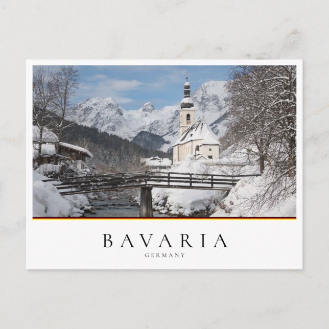 Cartão Postal Igreja na neve com montanhas alpinas no inverno (Frente)