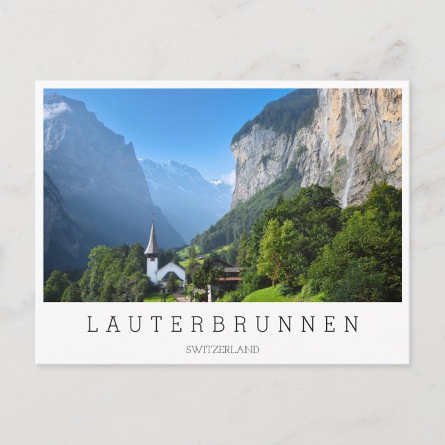 Cartão Postal Igreja no Vale de Lauterbrunnen, Suiça (Frente)