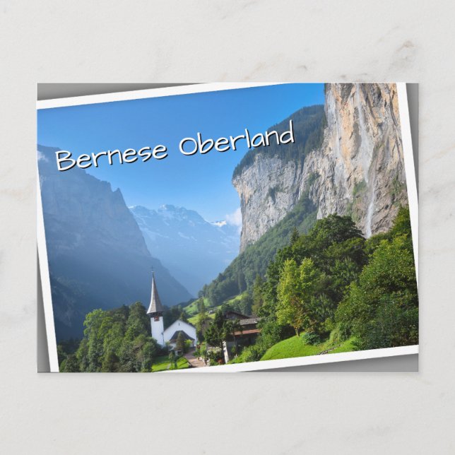 Cartão Postal Igreja no vale de Lauterbrunnen, Suíça (Frente)