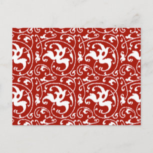 Cartão Postal Ikat Floral Damask - Vermelho Escuro e Branco