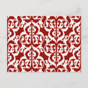 Cartão Postal Ikat Moorish Damask - vermelho-escuro e branco