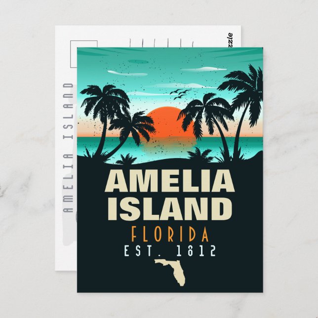 Cartão Postal Ilha Amelia Florida Retro Sunset Souvenirs 80s (Frente/Verso)