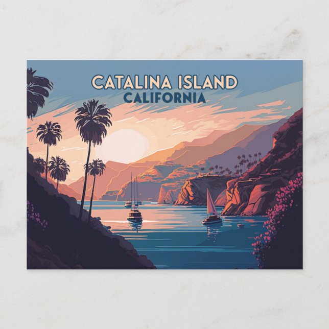 Cartão Postal Ilha Catalina California Boats Sunset Retro (Frente)