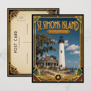 Cartão Postal Ilha de St. Simons Geórgia Arte Deco Dourada Vinta
