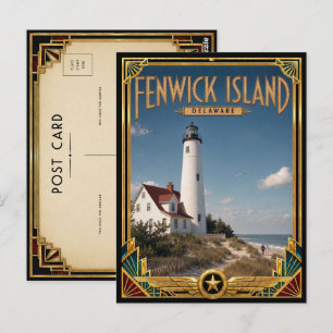 Cartão Postal Ilha Fenwick Delaware Arte Deco Vintage Dourado
