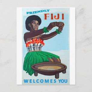 Cartão Postal Ilha Fiji, mulher nativa com as boas vindas tradic