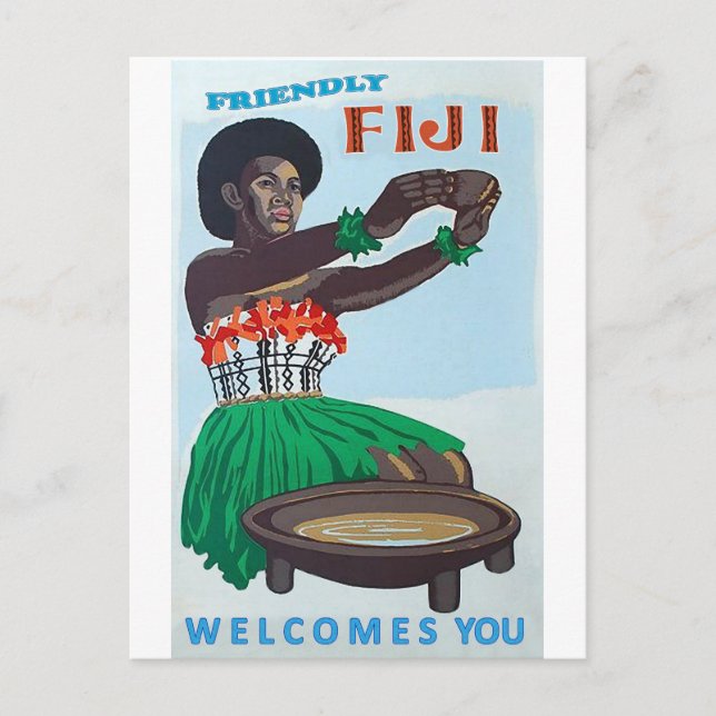 Cartão Postal Ilha Fiji, mulher nativa com as boas vindas tradic (Frente)