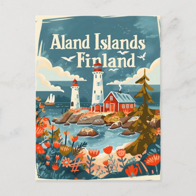 Cartão Postal Ilhas Åland Finlândia Arte desenhada à mão (Frente)