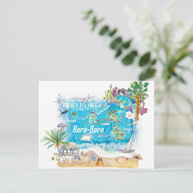 Cartão Postal Ilhas Bora Bora Polinésia Francesa Mapa de Viagem (Em pé/Frente)