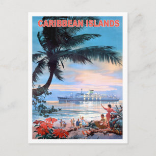 Cartão Postal Ilhas Caribes, navio de cruzeiro, viagens vintage