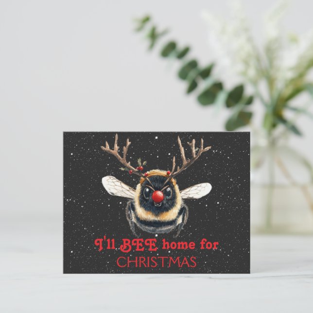 Cartão Postal I'll BEE Home for Christmas Reindeer Bee (Em pé/Frente)