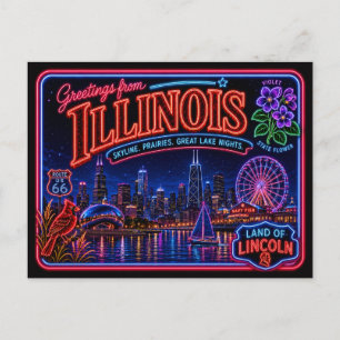 Cartão Postal Illinois Neon Estado Retro Vintage