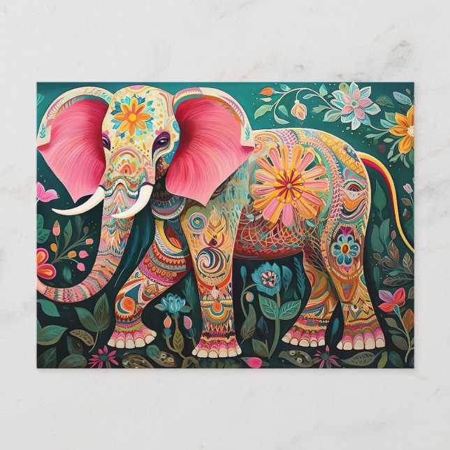Cartão Postal Illustration bunter Elefant mit Blumen (Frente)