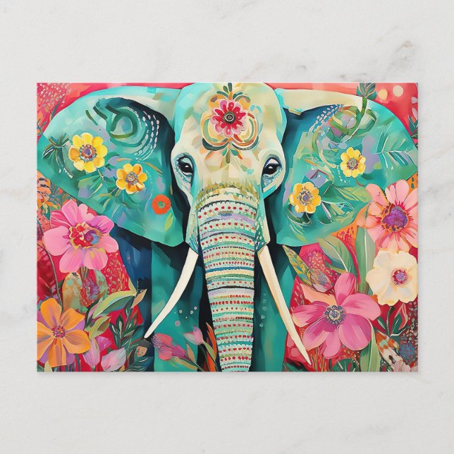 Cartão Postal Illustration bunter Elefant mit Blumen (Frente)