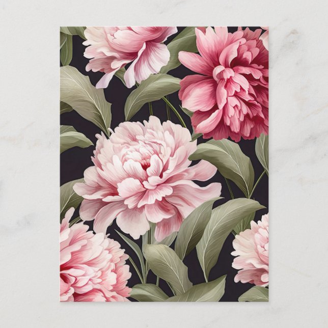 Cartão Postal Illustration pink peony flowers with green leaves (Frente)