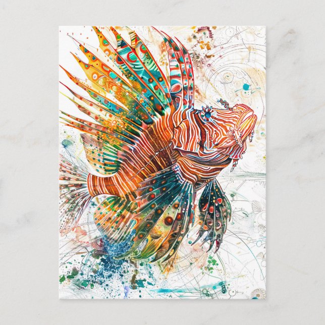 Cartão Postal Ilustração Abstrata de Peixe-Leão em Aquarela (Frente)