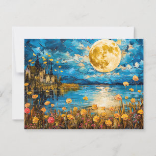 Cartão Postal Ilustração abstrata em aquarela da lua cheia refl