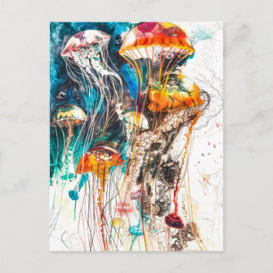 Cartão Postal Ilustração Abstrata em Aquarela de Água-viva